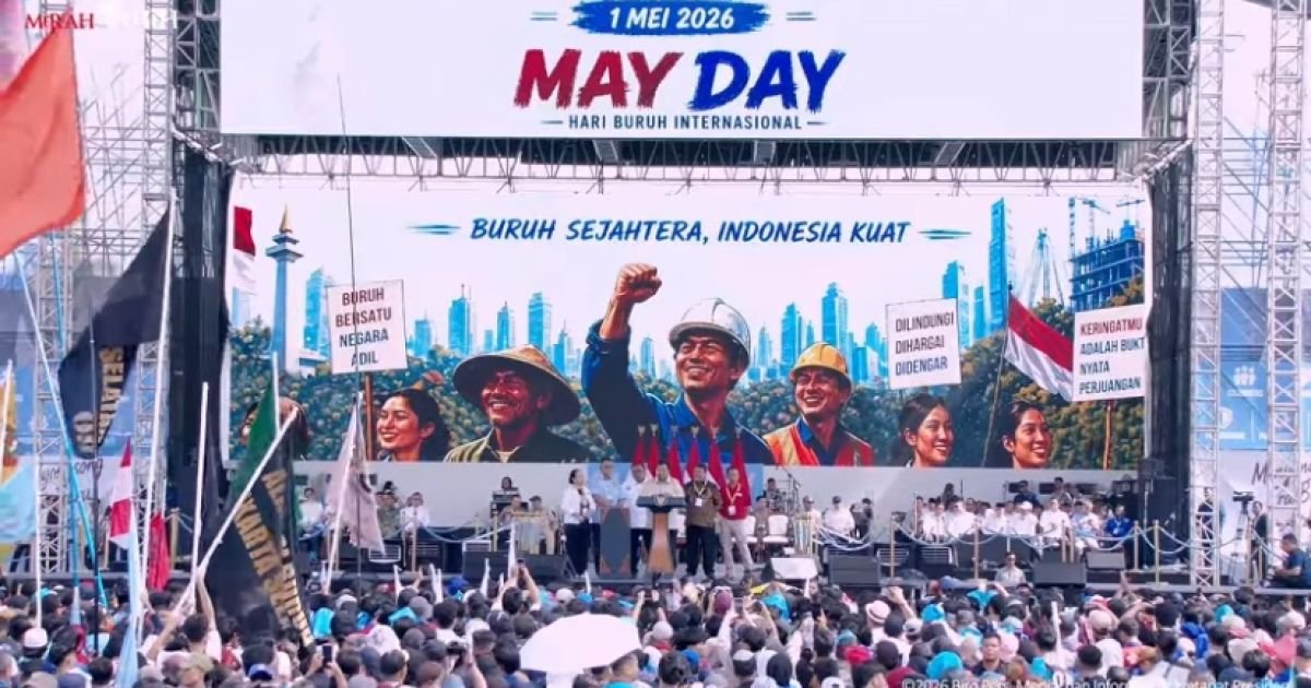 Peringatan Hari Buruh Internasional atau May Day 2026 di kawasan Monumen Nasional (Monas), Jakarta Pusat, berlangsung kondusif pada Jumat (1/5/2026)/YT Setpres RI